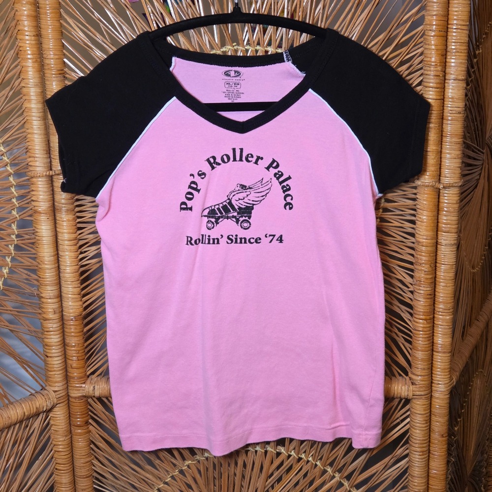 Vintage Y2K Athletic Works Girls XL 14/16 Raglan Graphic Tee Pink Black V Neck